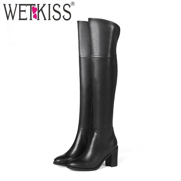 

wetkiss winter cow leather women boots square toe zip footwear high heels female boot over the knee shoes woman plus size 45, Black