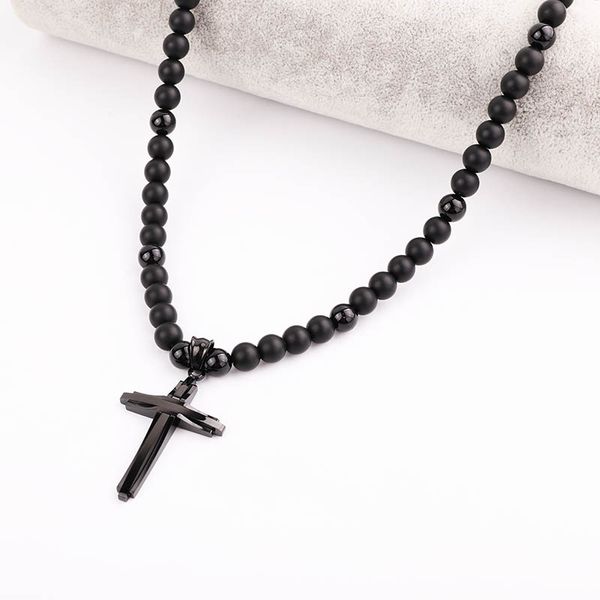 

new punk style men necklace natural stone beads tiger eye matte onyx 316l stainless steel cross rosary jesus necklace men, Silver