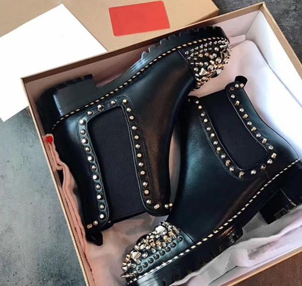 

designer ankle martin boots ladies rivet square heel platform rider motorcycle motorcycle comfortable leather boots, Black