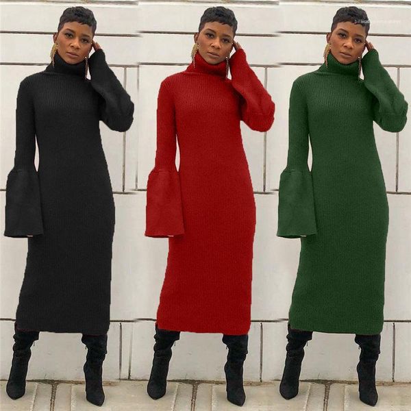 

midi dress fashion ladies bell sleeve dress womens long knit dress solid color turtle neck womens, Black;gray