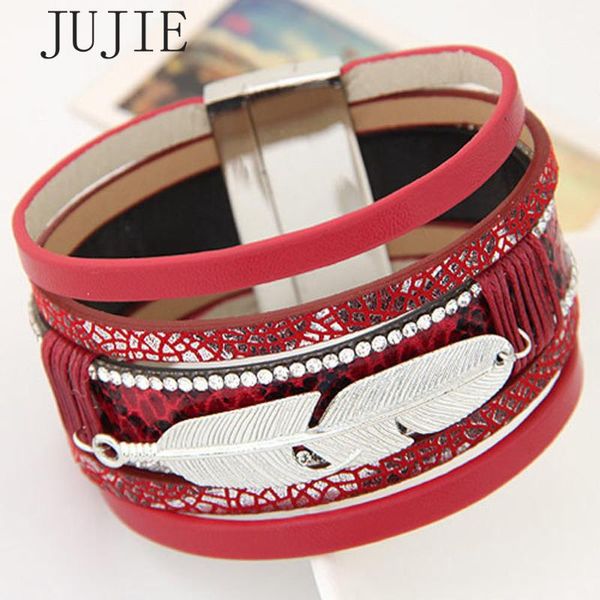 

jujie fashion alloy feather leaves wide magnetic charm leather bracelets bangles multilayer bracelets jewelry for women men gift, Red;blue