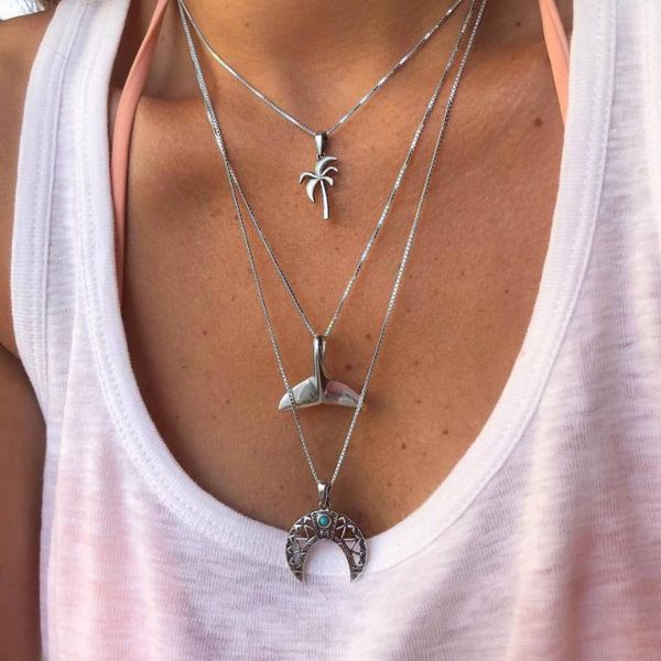

women's jewelry vintage fishtail geometric moon beach coconut tree multi-layer necklace, alloy three-layer pendant necklace, Silver