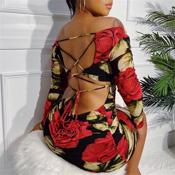 

backless women dresses fashion floral long sleeve slim lace up bodycon dresses autumn women designer dresses, White;black