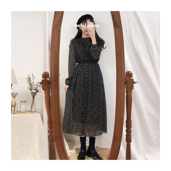 

chic rustic flowers print chiffon dress back bow sweet, Black;gray