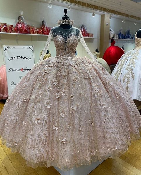 Langarm-Ballkleid Champagner Quinceanera-Kleider mit Pailletten und Perlen, süßes 16-Kleid, Ballkleider, wunderschönes Kleid für 15 Jahre