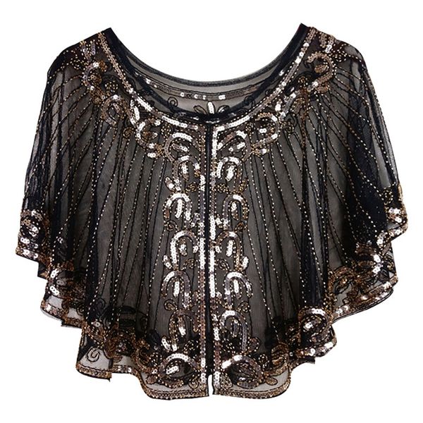 

vintage 1920s black mesh & gold sequin beaded unique flapper capelet, Blue;gray