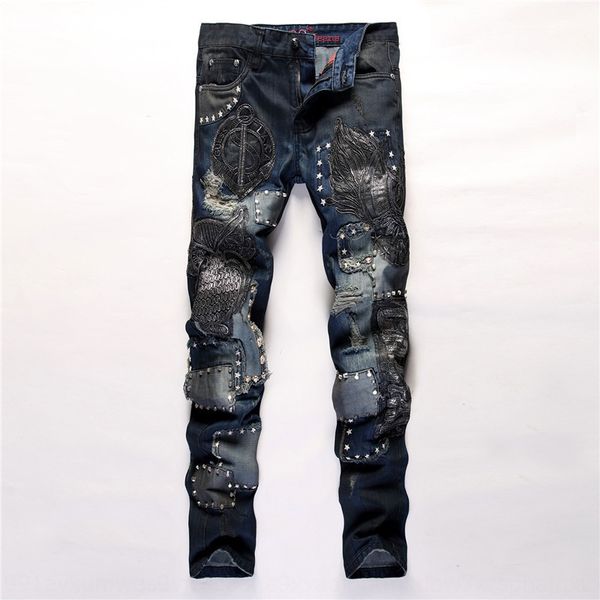

design new and embroidered men's alternative embroidery owl stitching nightclub pants slim fit straight design new jeans and jeansembro, Blue