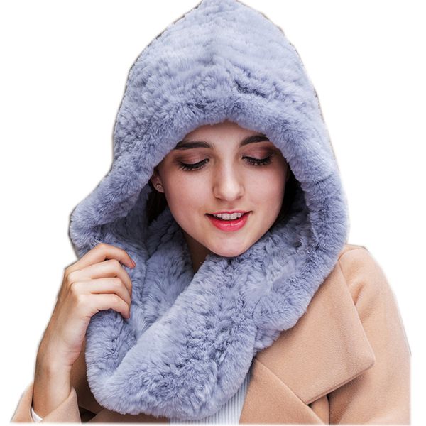 

2020 new winter women real fur hat+scarves female knitted natural rex fur hooded scarves warm knit genuine caps scarf, Blue;gray