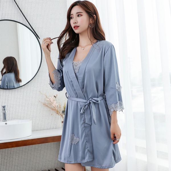 

women's sleepwear 2pcs sleep set lace patchwork women satin kimono robe gown nightwear nighty&robe silky intimate lingerie homewear, Black;red