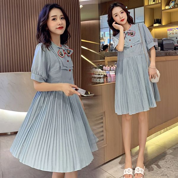 

maternity dresses 8960# clothes summer cotton short sleeve loose stylish bow collar dress for pregnant women pregnancy, White