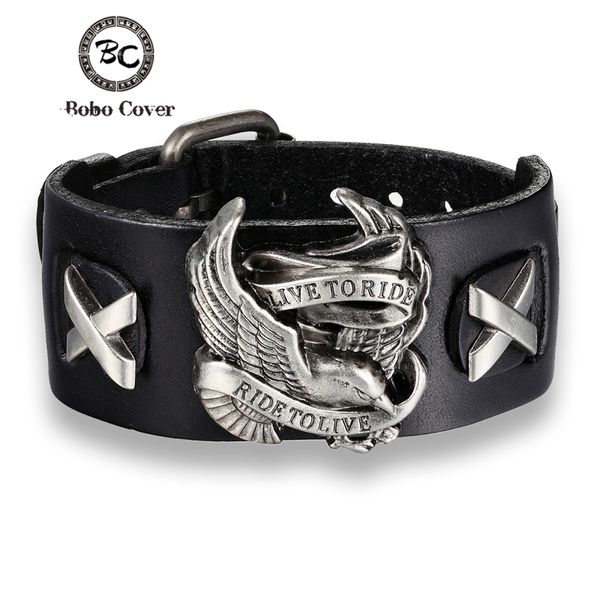 

bobo cover punk style male rider eagle genuine leather bracelet ride to live charm bracelets & bangles for men pulseira de couro, Golden;silver