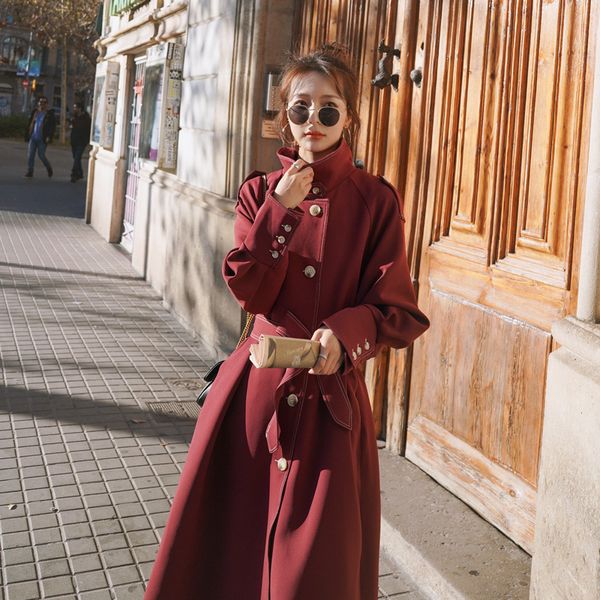 

women's trench coats autumn single-breasted long coat with belt loose-fit mid-length style, Tan;black