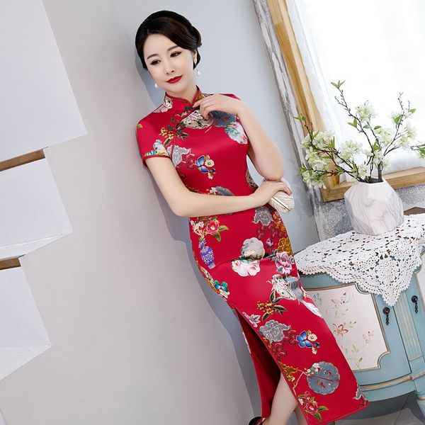 

ethnic clothing 2021 spring summer mulberry silk short sleeve china style stage show red happy event festival women long cheongsam dress
