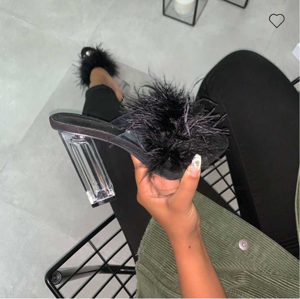 

женщина real fur перо волосатые сандалии тапочки кристалл площади высокие каблуки peep toe мулы lady плексигласа каблука скидка насосы, Black