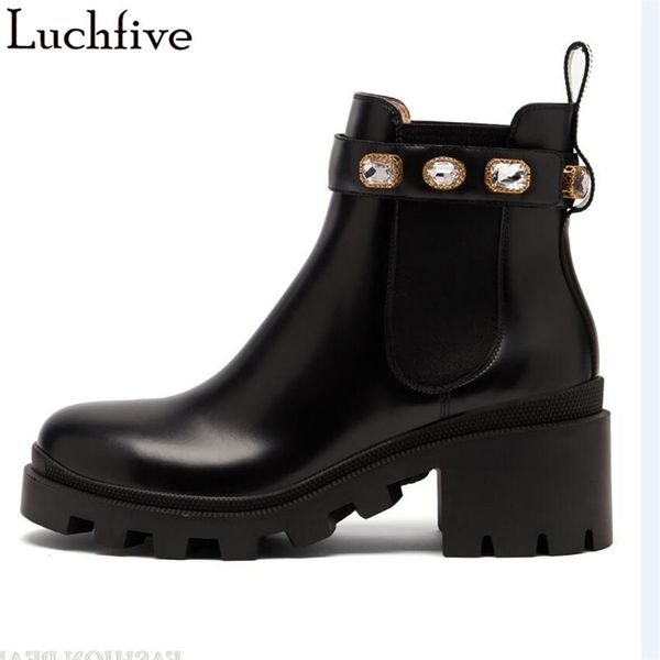 

beading strap chain embellished motorcycle boots winter geuine leather chunky sole ankle boots shoes women, Black
