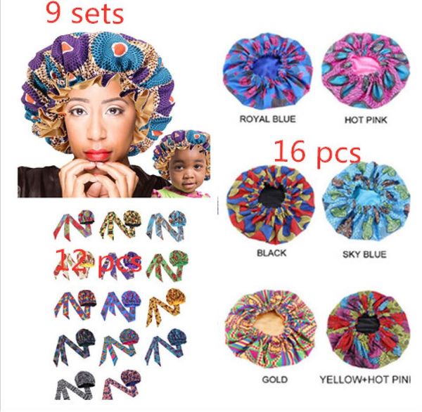 Mommy и Baby Bonnet Set Африканский узор Ankara Print Satin Bonnet Двухслойная шелковая подкладки головные уборы для дамы макияж Headwrap