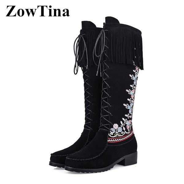 

boots black winter women knee high embroidery cross strap flats motorcycle snow booties tassel side zip knight botas mujer shoes