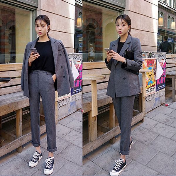 

women's two piece pants ladies suit casual office jacket female women set 2021 autumn, White