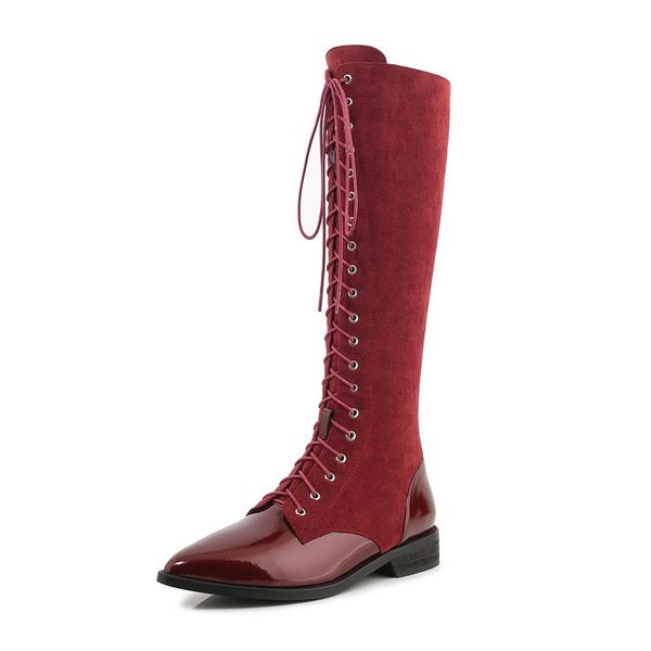 

genuine leather lace up low heels knee high boots long ladies boots night club shoes woman 2020 autumn winter women, Black