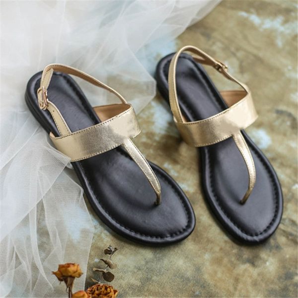 

vintage buckle leather flat flip-flop sandals new summer fashion casual versatile leather shoes soles comfortable wear slippers, Black