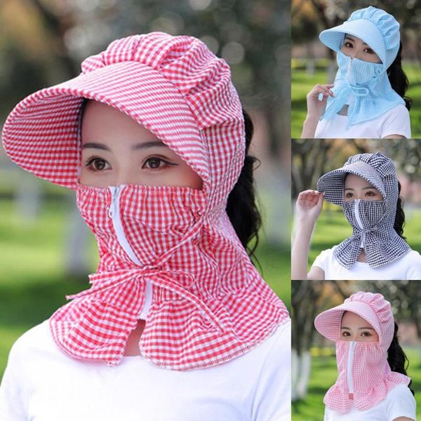 

ht3004 new fashion multifunction plaid summer hat outdoor riding hunting cap lady anti-uv sun hat women wide brim sun visor cap, Blue;gray