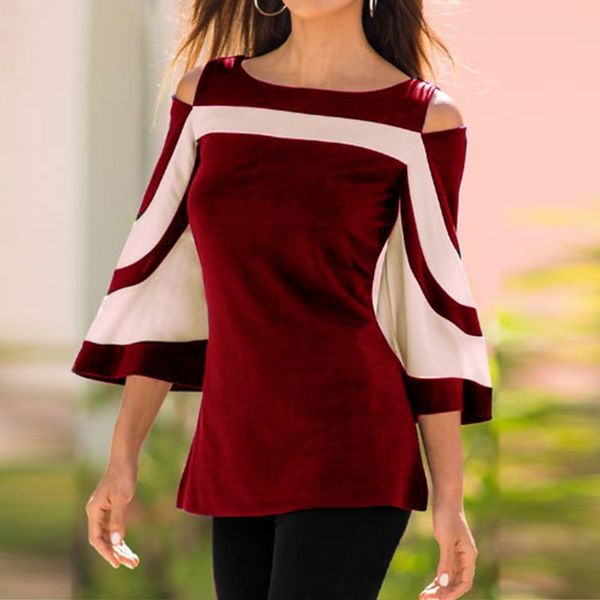 

2020 women off shoulder vintage celmia autumn fashion blouse colorblock bell sleeve casual blusa ladies shirt plus size, White