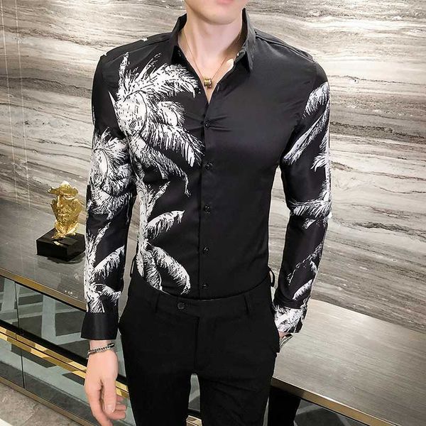 

2020 fall men shirts leaf print long sleeve casual slim fit shirt formal dress social party blouse hawaii camisa masculina, White;black