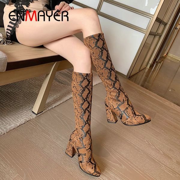 

boots enmayer 2021 slip-on stretch fabric knee high women shoes csaual hoof heels basic pu winter size 34-43, Black