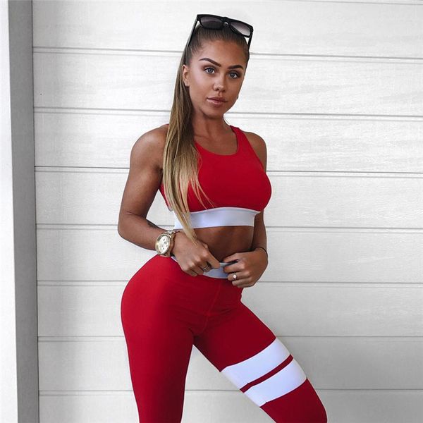 

women tracksuit solid yoga set patchwork running fitness jogging t-shirt leggings sports suit gym sportswear workout clothes s-l, White;red
