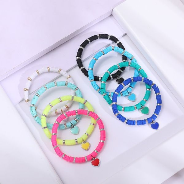 

multi-color polymer clay heishi beads bracelet women girl elastic string recyclable bracelets heart bracelet boho jewelry, Golden;silver