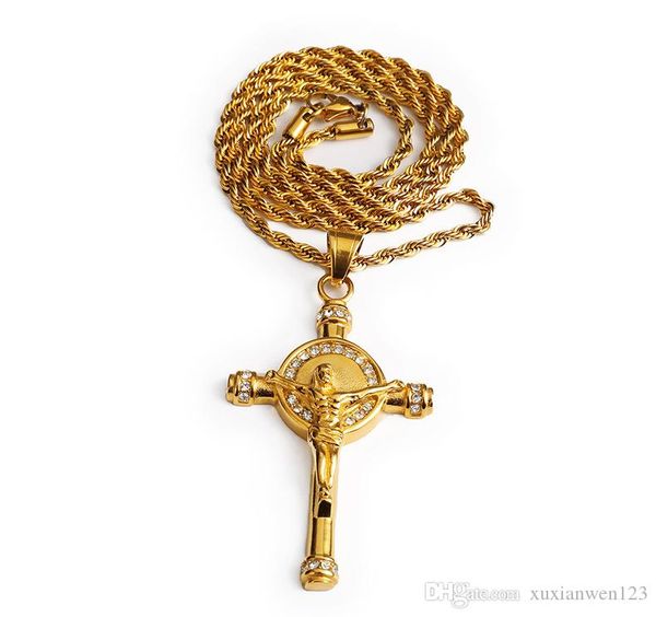 

stainless steel gold jesus cross pendant necklace classic jesus charm rope chain 60cm men vintage retro punk christ jewelry, Silver