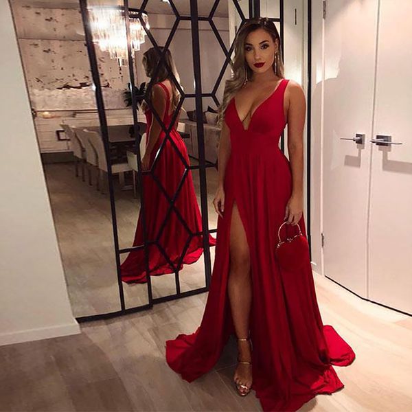 Novo Sexy Abiye Gece ElbiseSi Vestidos de Noite para Mulheres V-Pescoço Alto Side Slit A-Line Sem Mangas Simples Vestido de Prom vermelho