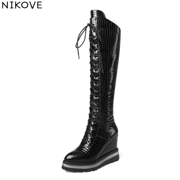 

nikove 2020 women motorcycle boots wedges patent leather pu zipper knee high boots round toe high heels woman size 34-42, Black