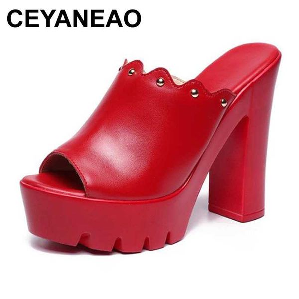 

ceyaneao black block heels slippers new fashion rivet wedding bridal shoes for ladies women slippers high heels platform shoes