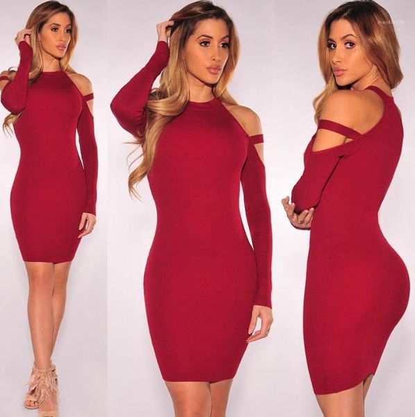 

шея bodycon платья сплошного цвета женской одежды женщины конструктора платье партии sexy длинный рукав без бретелек crew, Black;gray