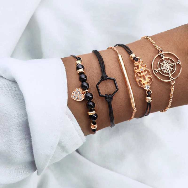 

link, chain fashion lady set auger heart pendant jewelry 5pcs one women bohemian handmade stainless steel natural stone bracelet, Black