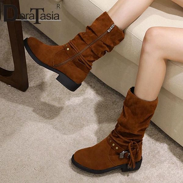 

doratasia new ladies элегантный плиссированные середины икры сапоги comfy низкий коренастый пятки ботинки женщин сжатый украшая обувь женщин, Black