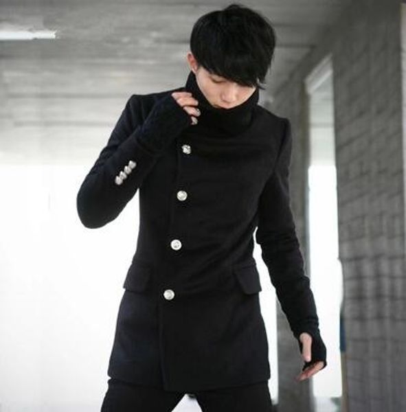 

stand collar casual woolen coat men trench coats long sleeves overcoat mens cashmere coat casaco masculino inverno erkek england, Black