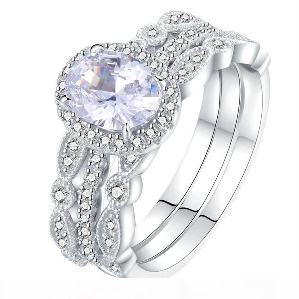 

1.8 ct 3 pieces sets solid 925 sterling silver halo triple wedding rings engagement band classic brand jewelry ship from usa, Slivery;golden
