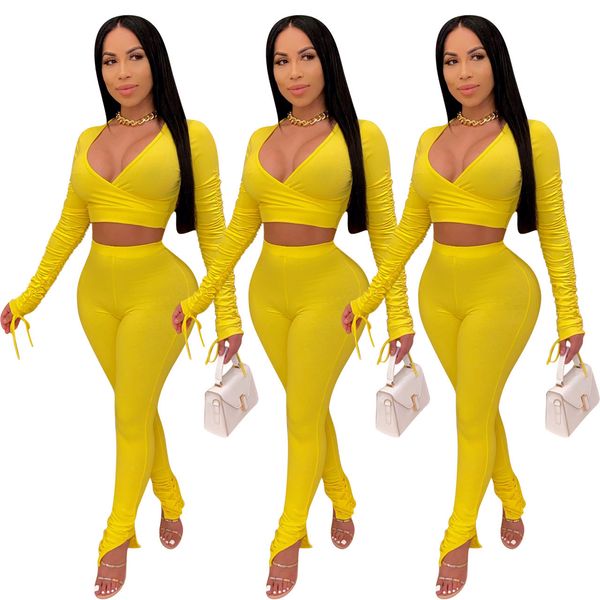 

dropshipping autumn ladies deisnger stacked pants deep v neck pleated suits womens clothing 2 piece set, White