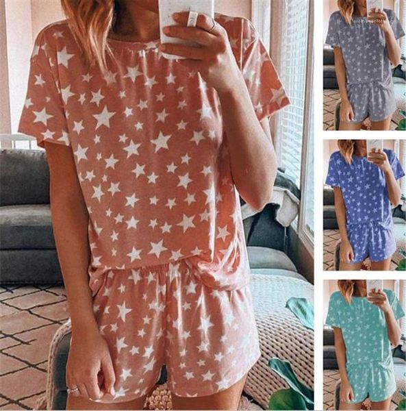 

suits summer women pajama sets casual short sleeve two piece shorts sleepwear star printed loose home, Black;red