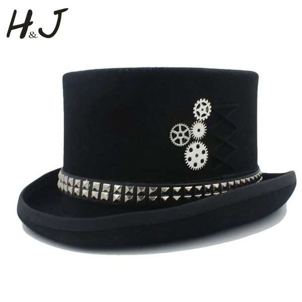 

13.5cm hat women men black wool fedora steampunk hat with punk belt victorian 4size 55 57 59 61cm, Blue;gray
