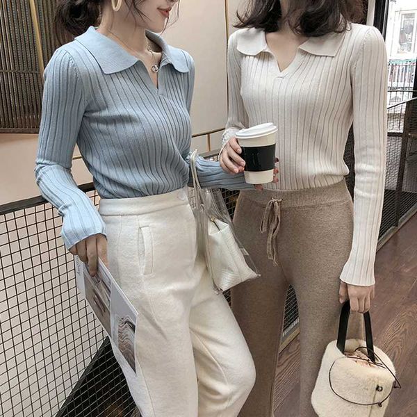 

women sweater chic 2020 new fashion turn-down collar fall winter solid color work office pullover slim knitted sweaters, White;black