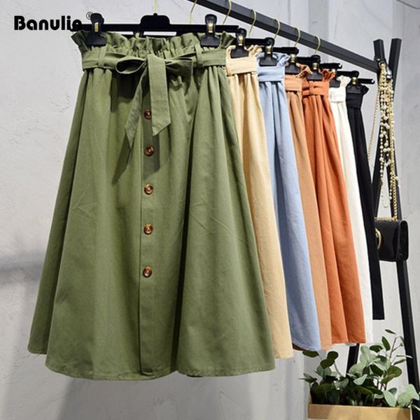 

women skirts korean style high waist skirt 2020 spring summer midi skirts womens elastic waist a line ladies with belt, Black