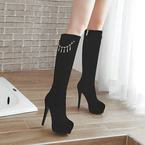 

new flock leather high heels the knee high boots woman black red colors ladies wedding party shoes women boots large size 43