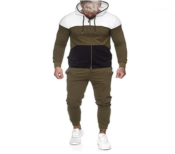 

sleeve hooded cardigan sweatpants sets casual men sportswear autumn new mens tracksuits street style contrast color long, Gray