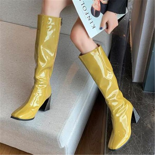 

2020 fashion shoes women 7cm block high heels long boots autumn knee high boots soft leather thigh black yellow 35-39