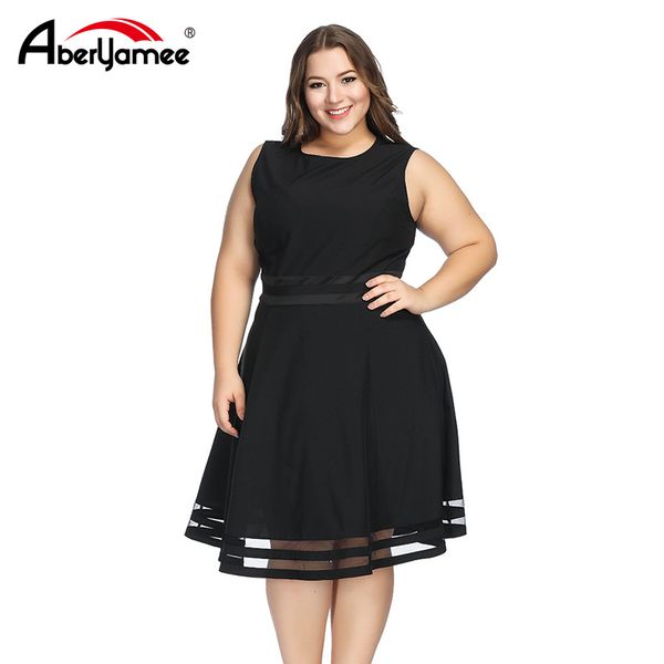 

plus size women black sleeveless dress summer casual slim mesh patchwork a-line dress for female elegant party vestidos, Black;gray