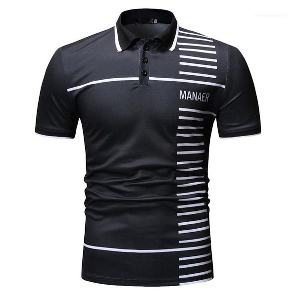 

lapel neck mens short sleeve polos casual males clothing letter stripe panelled print mens designer polos fashion, White;black