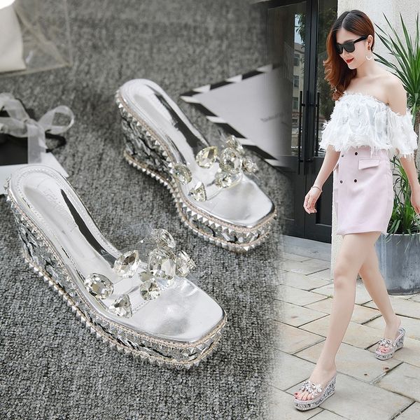

on a wedge glitter slides slippers casual female shoes summer woman women heels platform jelly luxury 2020 beach high, Black